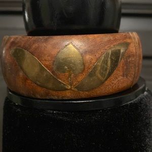 Vintage wooden with brass heart floral inlay Cuff/bangle bracelet